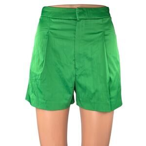 Zara Green Silky Satin Pleated High Waisted Wide Leg Casual Mini Shorts Size XS
